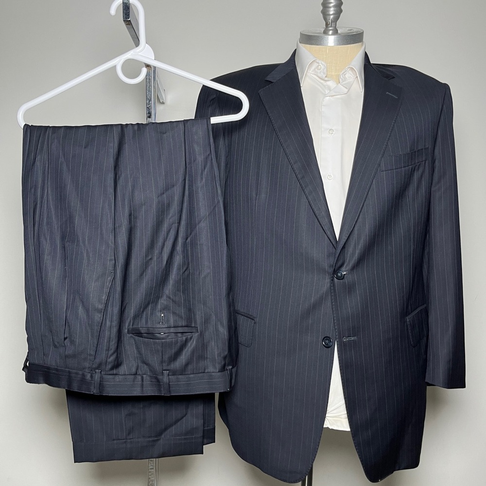 Samuelsohn Suit Mens 46L W39 Navy Blue Pinstripe Wool 2-Button Made in Canada
